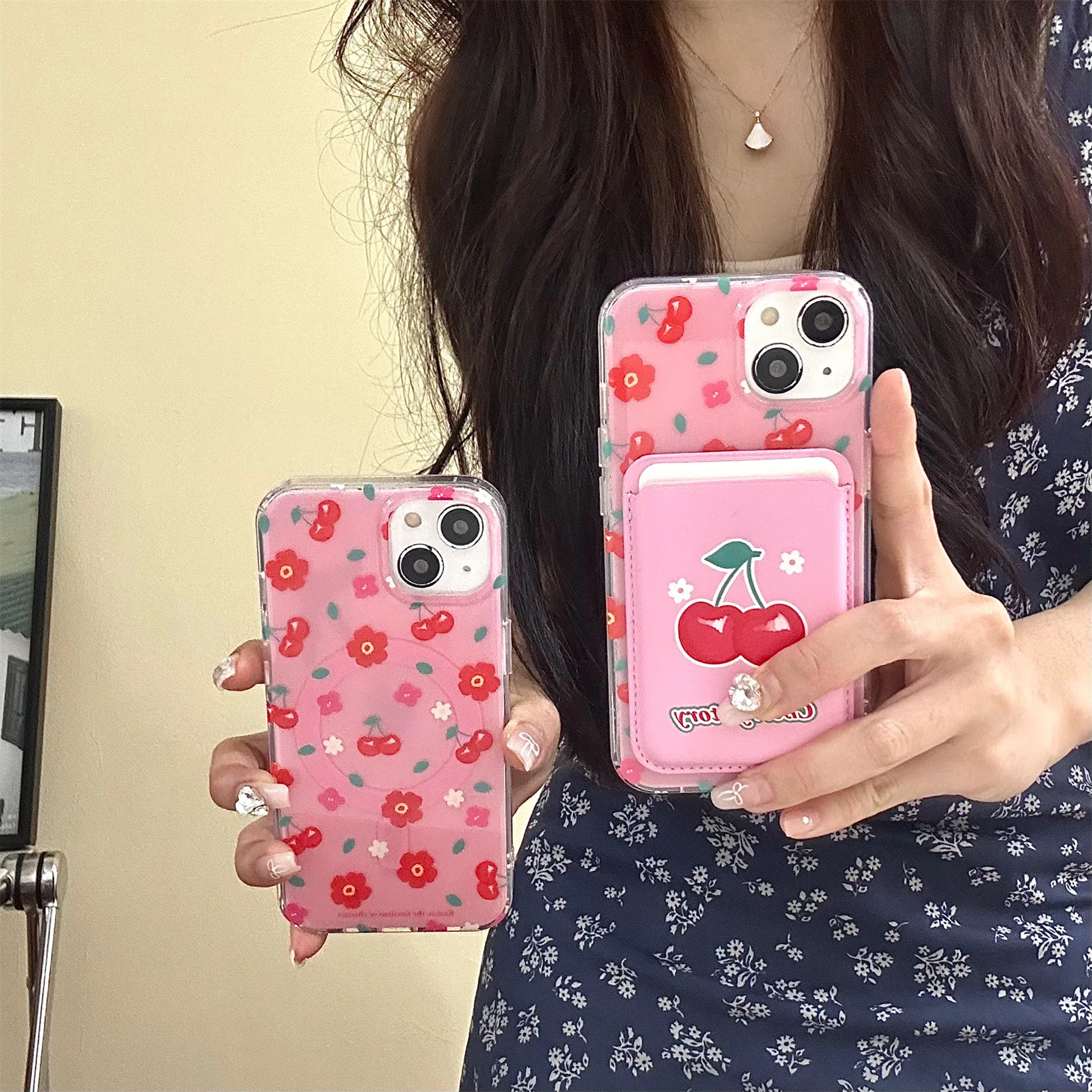 Magnetic Card Pack Korean Luxury Pink Cherry Flower Case for iPhone 15 14 13 12 Pro Max Shockproof Back Cover For Girl Gift