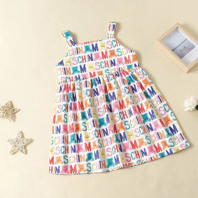 2024 Summer New Arrival Girls Sleeveless Print Bear Letter Multi Cute Dress Infantil Menina Cute Party Dress Custume 8-12T