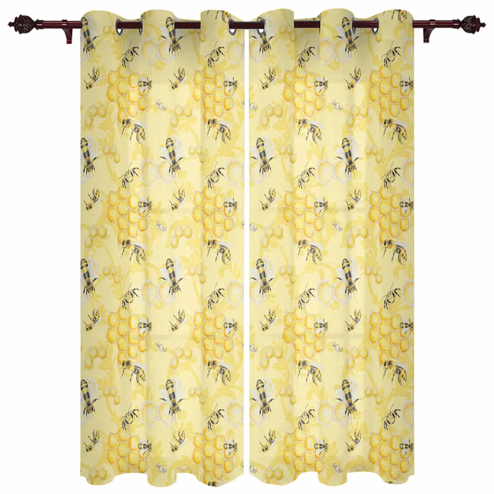 Watercolor Bee Hive Yellow Window Curtains for Living Room Luxury Bedroom Curtains Coffee Dining Room Drapes