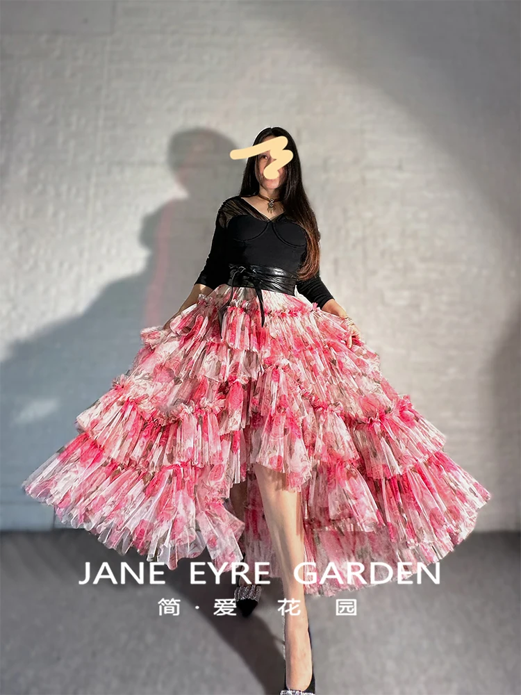 TIYIHAILEY-Women's Long Maxi Mesh Skirt, Elastic High Waist Layer Skirts, Pink Flowers Ball Gown, Fashion, 2025 High Low Ladies