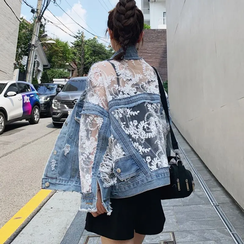Mesh Embroidery Hole Denim Jacket 2025 Summer Lace Stitching Girlish Top - Image 2