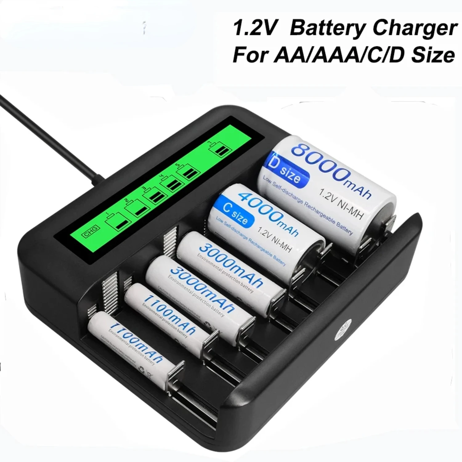 8 Slots LCD Display Fast Smart Battery Charger Type-C Charging for 1.2V Ni-MH Ni-cd AA AAA C Size D Size Rechargeable Battery