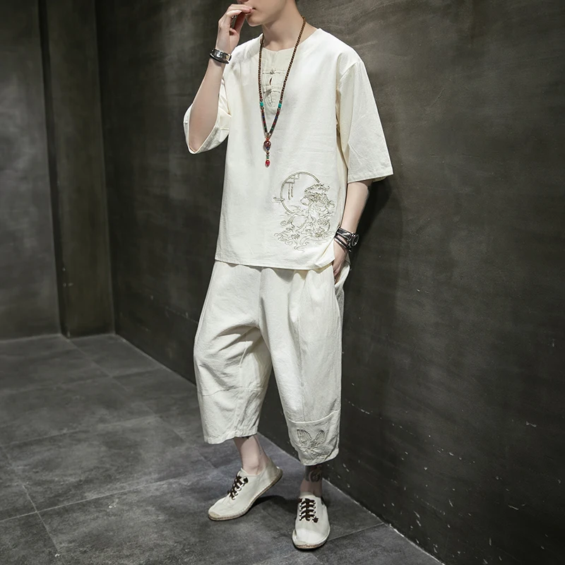 

Summer Thin Cotton Linen ort Sve T-irt Men's Set Embroidered f Sve Two-Piece Set Cool Feeling Lightweight T-irt