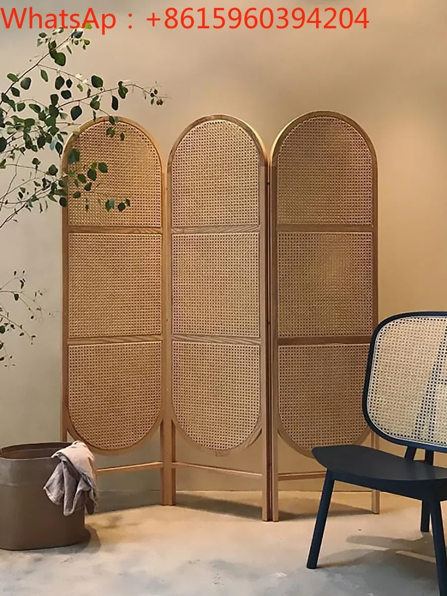 Japanese solid wood rattan screen Maikol restaurant retro folding mobile partition wall household living room porch screen