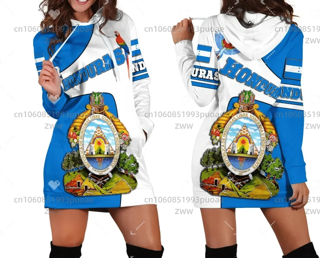 Love Honduras Country Flag New Harajuku Novelty 3D Print Autumn Hoodies Dress Women Casual Wear Long Sleeve Hooded Dress