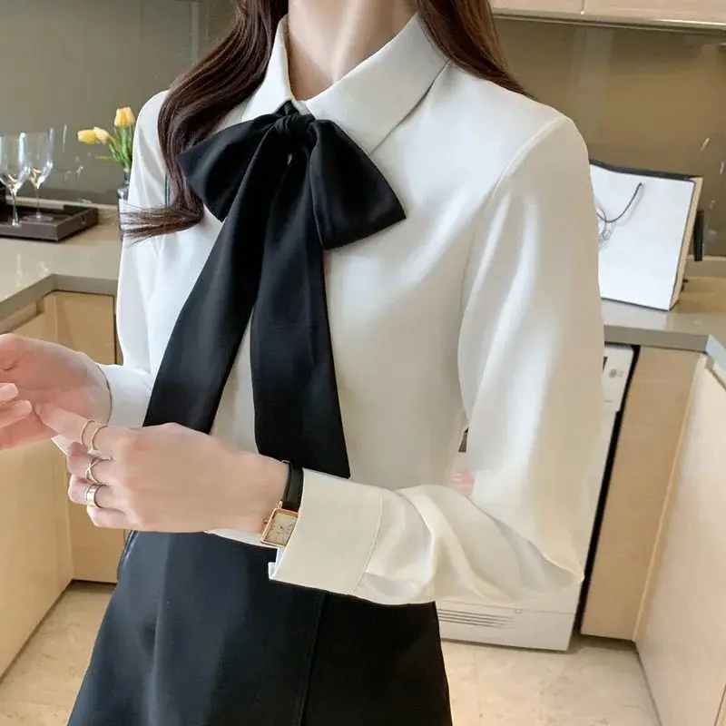 Fashion Solid Color Spliced Button Lace Up Bow Shirts Female Clothing 2023 Autumn Winter Loose Korean Tops Office Lady Blouses