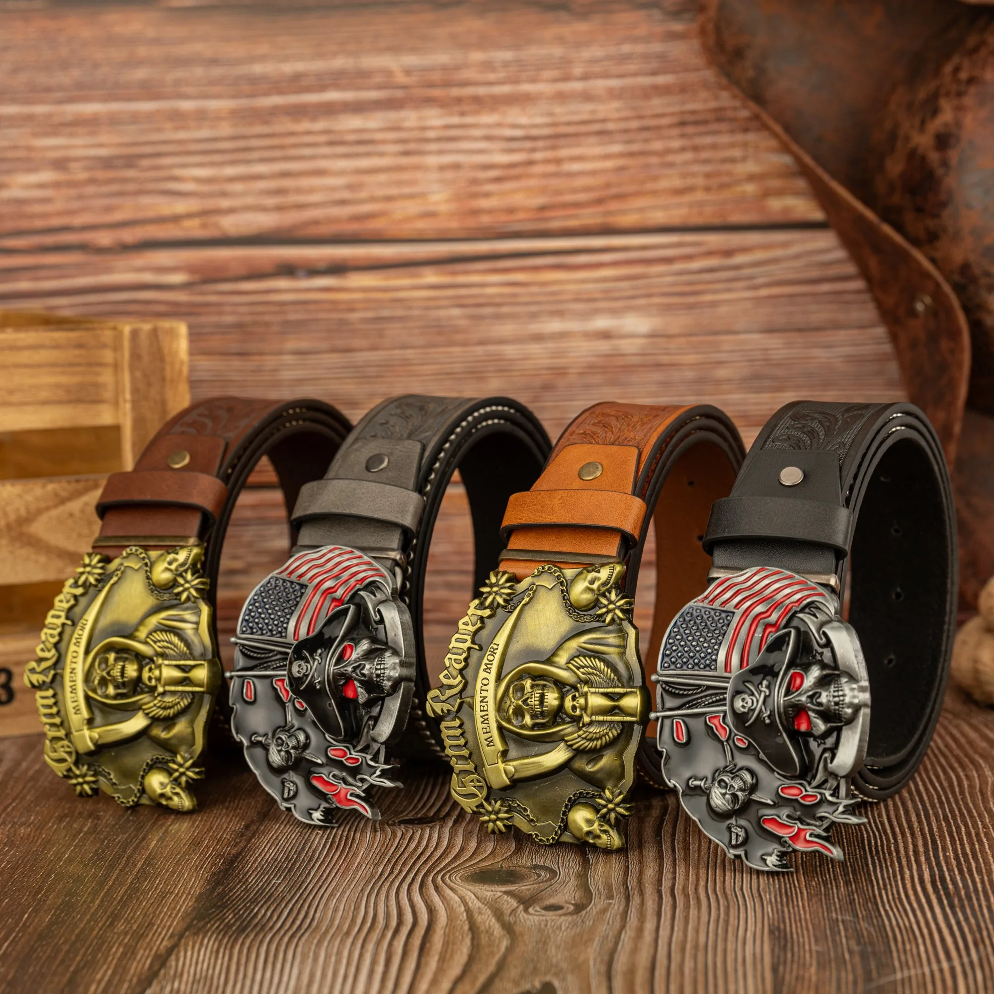 Red Eye Scythe Skull Zinc Alloy Buckle Retro Rock PU Leather Belt Unisex Waist Belt with Embossed Design