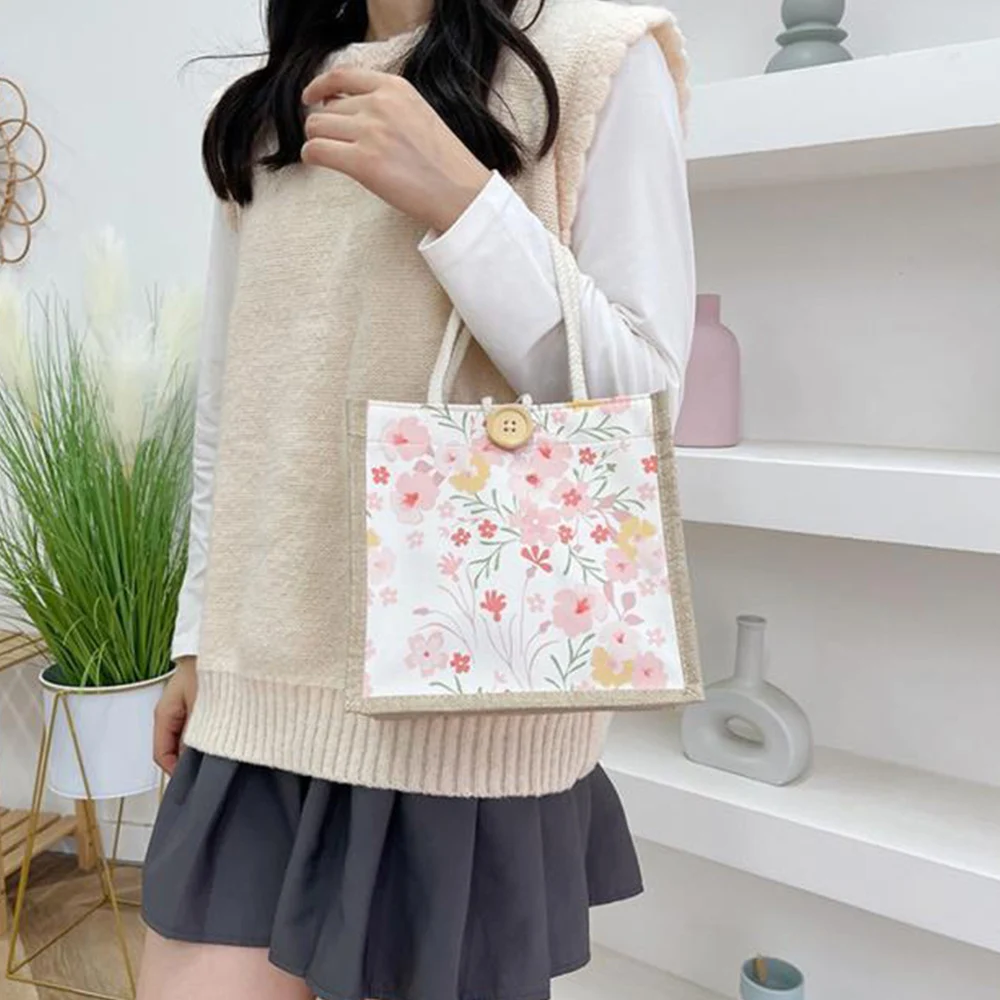 Lunch Bag Linen Tote Bag Popular Square Hemp Bag Casual One Shoulder Small Square Shopping Bag Storage Bag Food Bento Bag