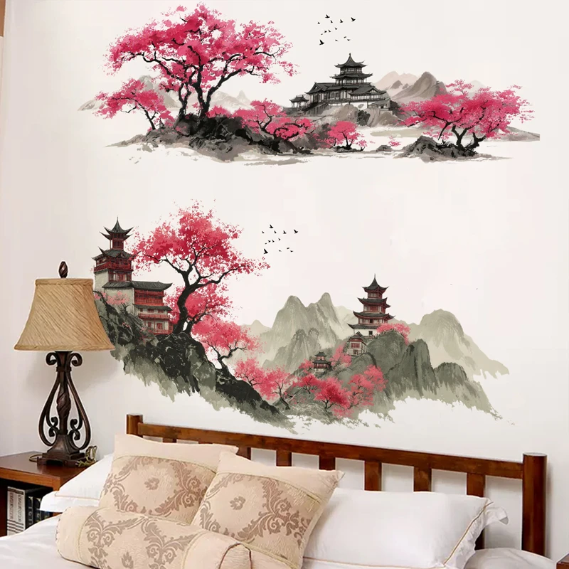 Ink Landscape Painting Big Wall Decals Antique Building Peach Blossom Vinyl Stickers for Aesthetic Rooms Vintage Home Decoration