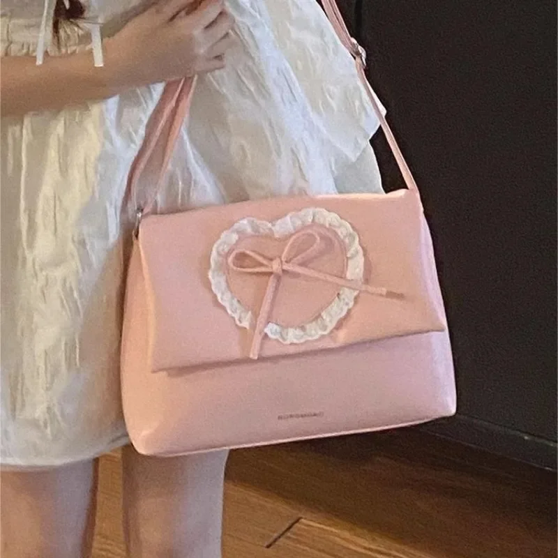 Xiuya Pink Sweet Shoulder Bag for Women Love Heart Fashion Large Capacity Casual Armpit Bag Elegant Harajuku Literary Handbag