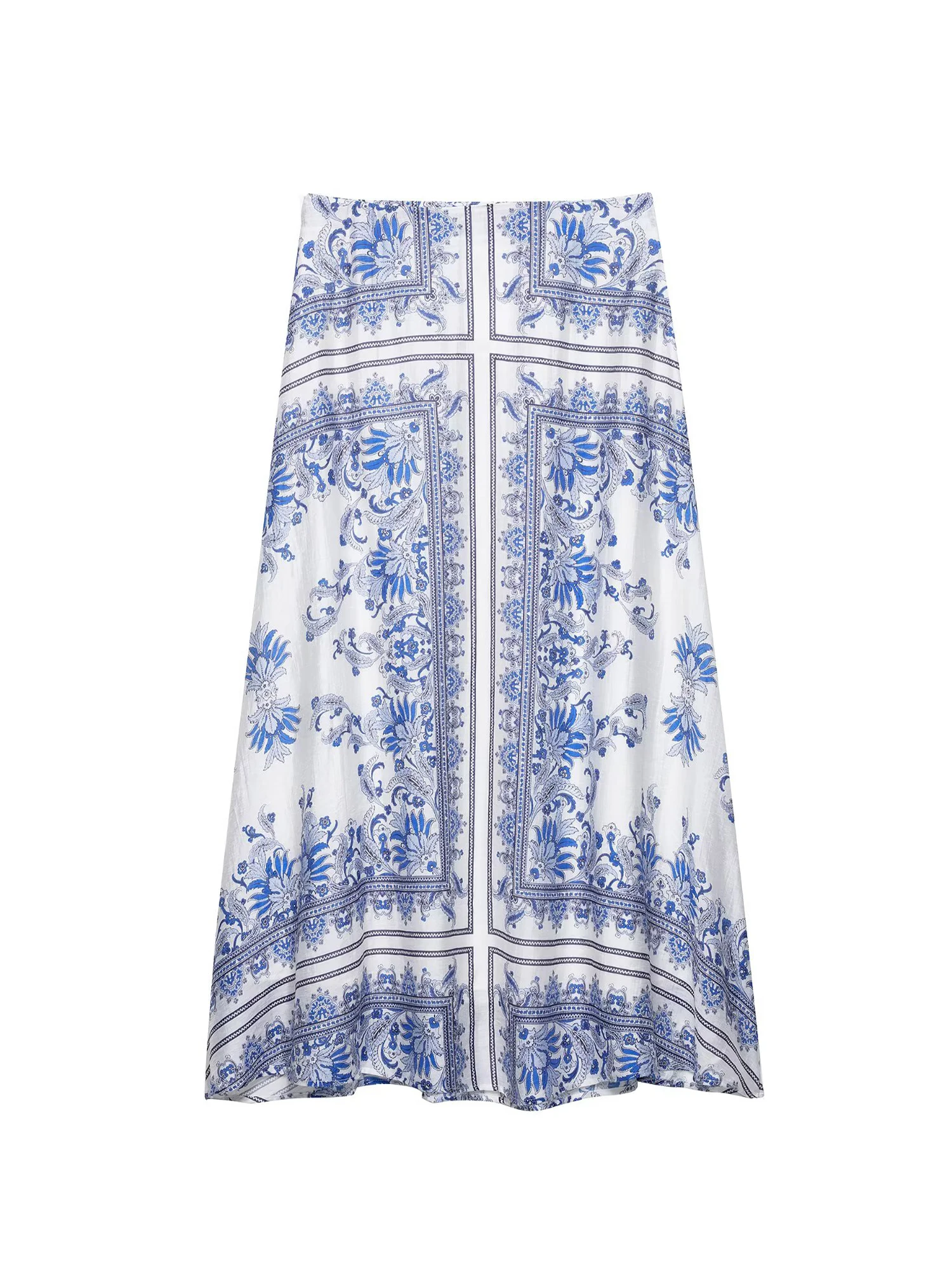 Women's Blue Flower Print Mid Long Skirt Vintage 90s Aesthetic High Waist Skirt Harajuku Y2k A-line Skirts 2000s Clothes Summer