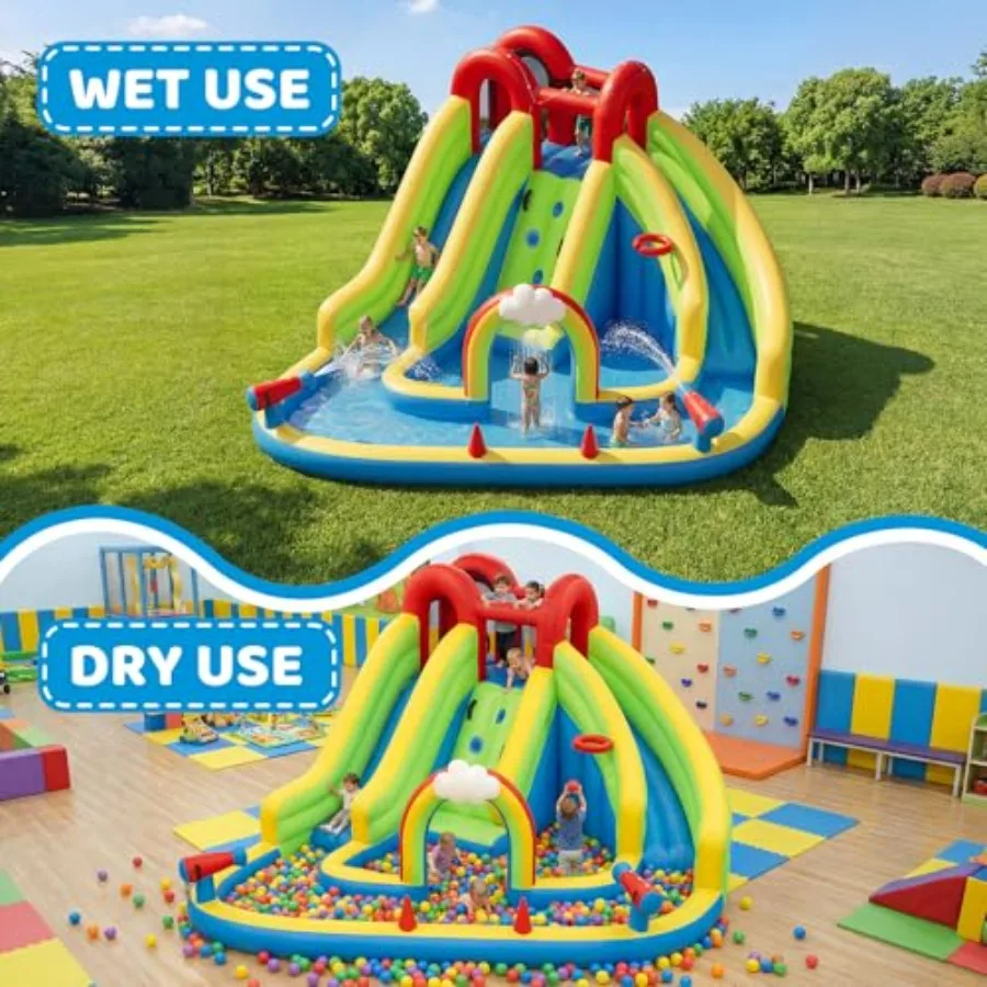Inflatable Water Slide for Backyard: PVC, Blue/Red, Quick-Inflate with 450W Blower, 15.75 × 12.63 × 7.22, Indoor/Outdoor Use