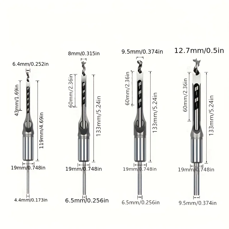 ‌4pc HSS Square Drill Bit Set - Woodworking Tools for Mortise, Tenon & Auger Holes - Precision Carpentry Kit‌
