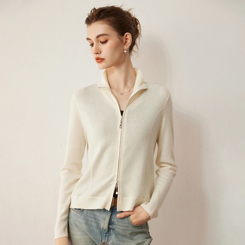 Women Long Sleeve Cardigan Half High Collar Zipper Sweater Spring Autumn Winter Basic Grace Clothing 100% Merino Wool Knitwear