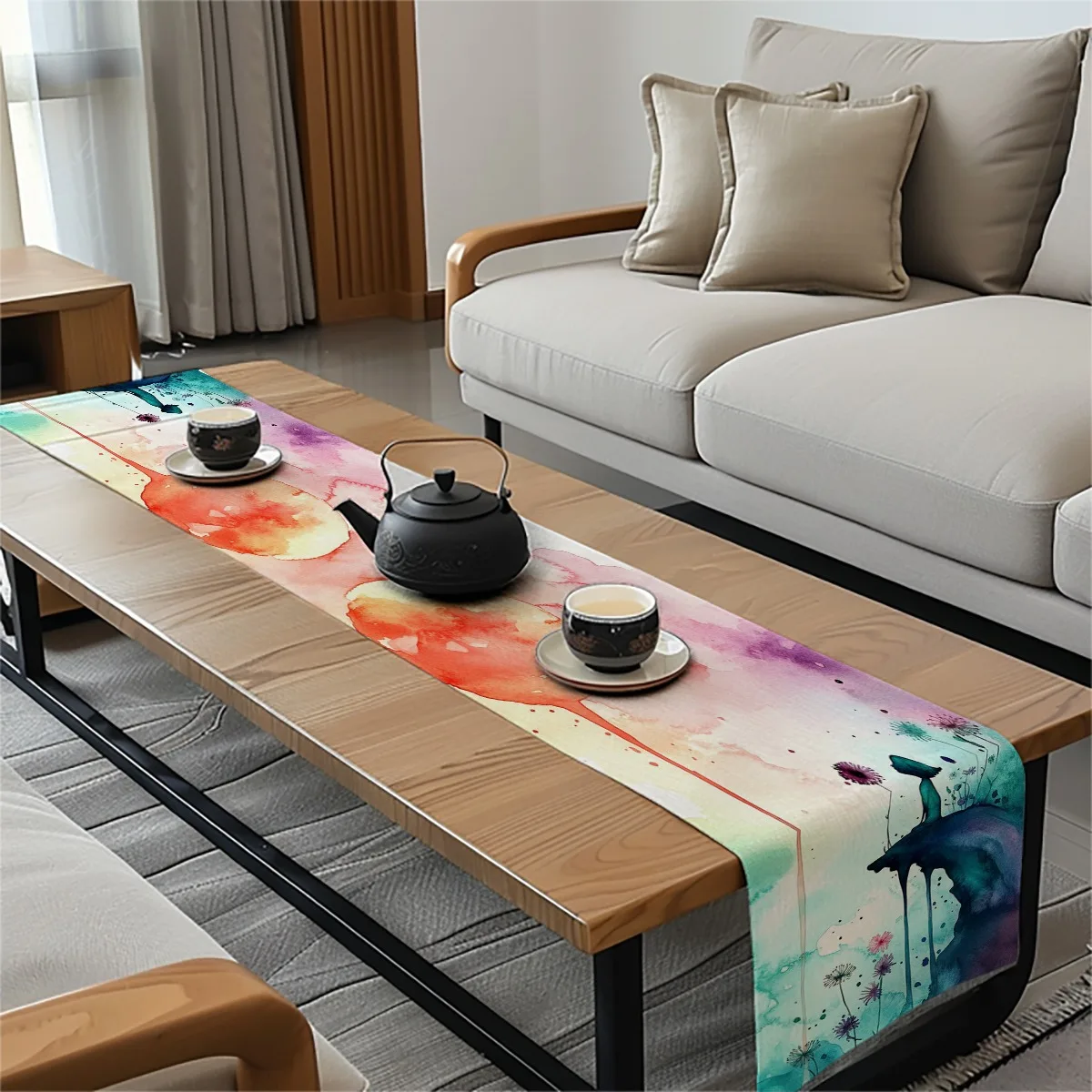 print table runner Dandelion Floral Watercolor Style Long cloth Party Decor,Tabletop Protection,Dresser Scarf,Decorative Runner