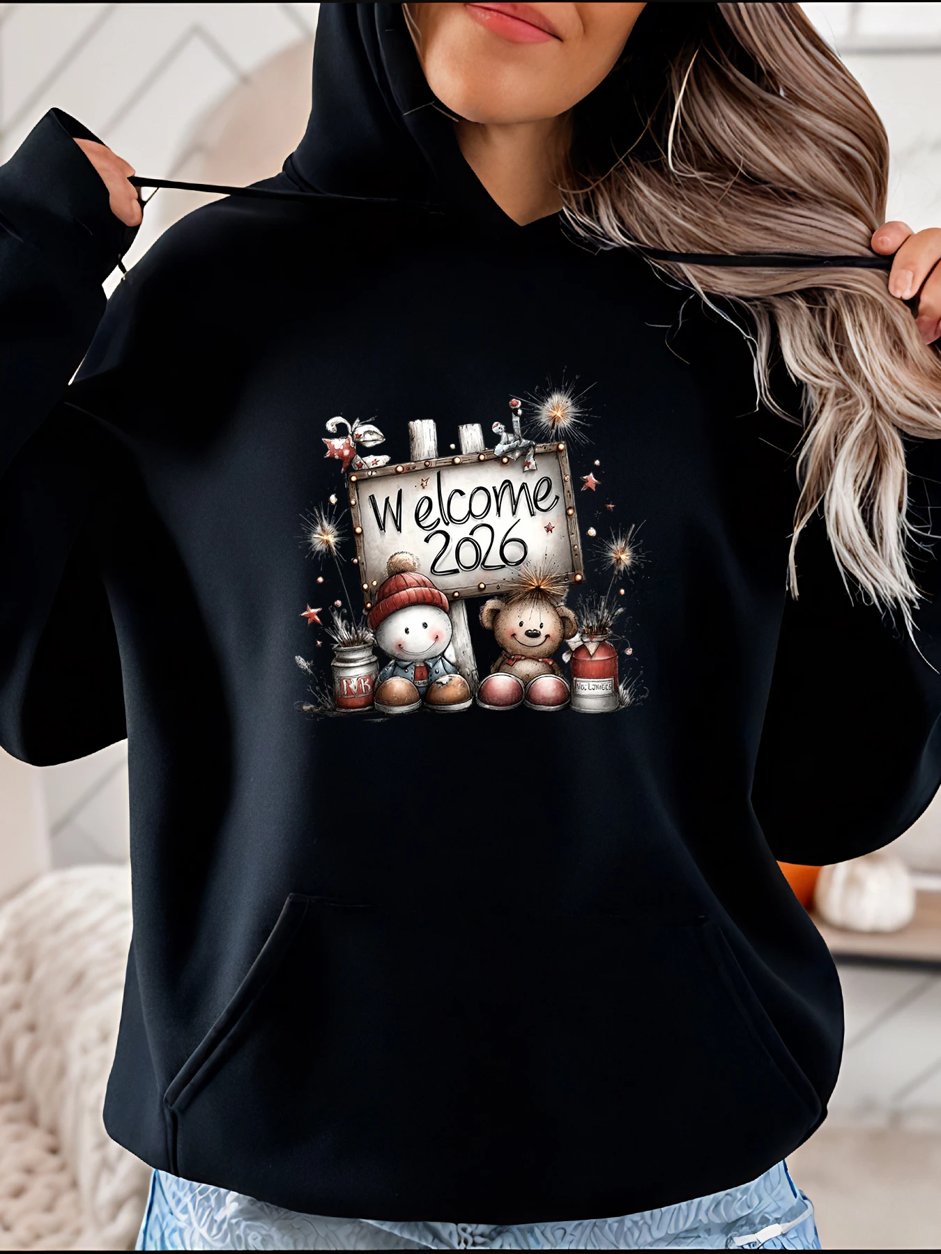 

Добро пожаловать 2026, толстовка с праздничным принтом снеговика и медведя, повседневная зимняя уютная конструкция для женщин, домашняя и уличная одежда