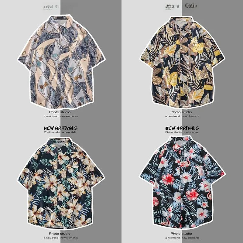 

Летний пляжный мужской и женский воротник с цветочным принтом Hawaii Sle Loose Fit ort Sve arp Воротник Тонкая модель Молодежный модный