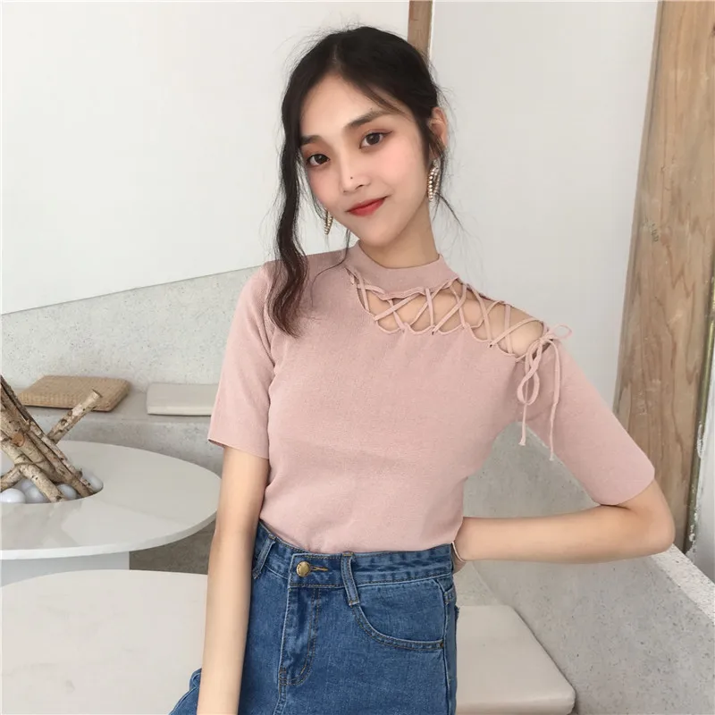 Korean Chic Hollow Out Bandage T Shirts Summer New Short Sleeve Solid Off Shoulder Slim Fashion Tops Y2K Sexy Women Clothing