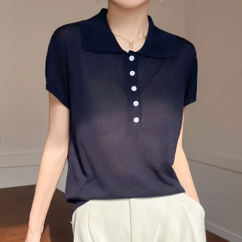 Flip Collar Pure Lyocell Pullover Women's knitted Short Sleeves Sweater Half single buckle decoration High-quality Loose Tops 5