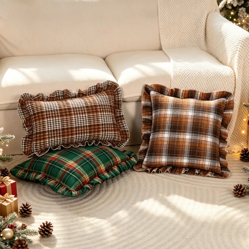 Dekorative Karierte Rüschen-Kissenbezüge, Schachbrettmuster Sofakissen-Überzüge, Wohnzimmer-Kissenhüllen, Weihnachtsdekoration – Detail 4