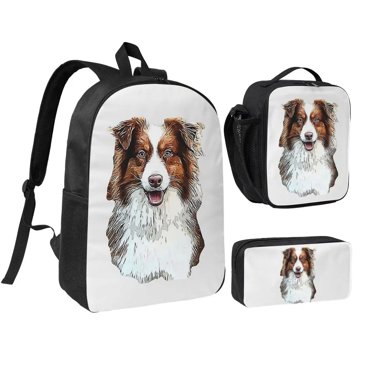 Australian Shepherd Red Tricolor Lovers Backpack Student BookBag School Bag Shoulder Bags 3ps Insulated Lunch Bag Pencil Case