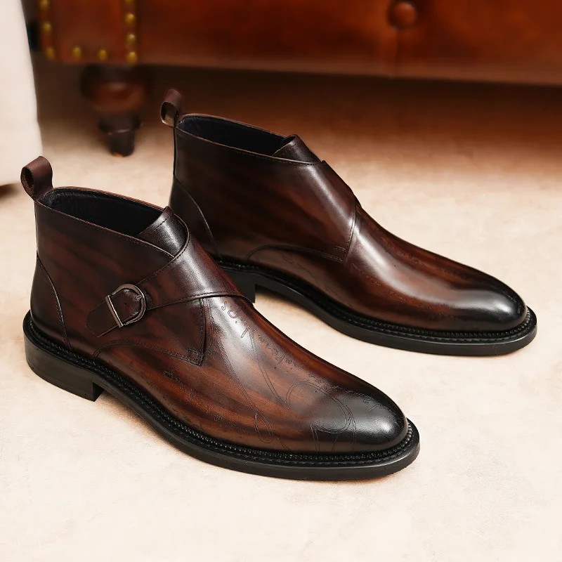 

Men’s Genuine Cow Leather Boots Banquet Business Suits Zip Cowhide Black Luxury Shoes Man Winter