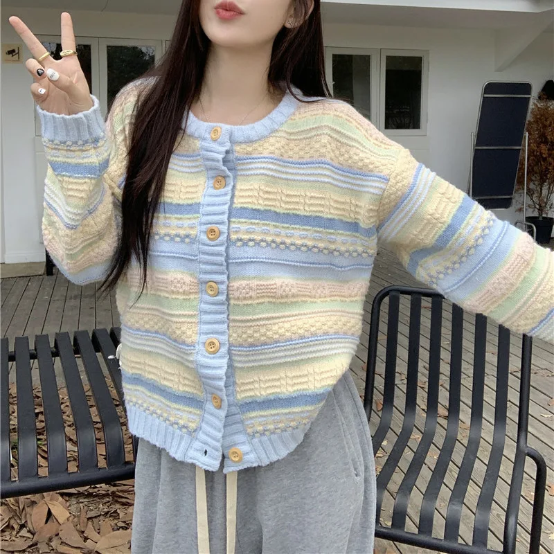

Spring Autumn Color blocked stripes coats harajuku Korean casual oversized versatile knitted sweater thin cardigan jacket women