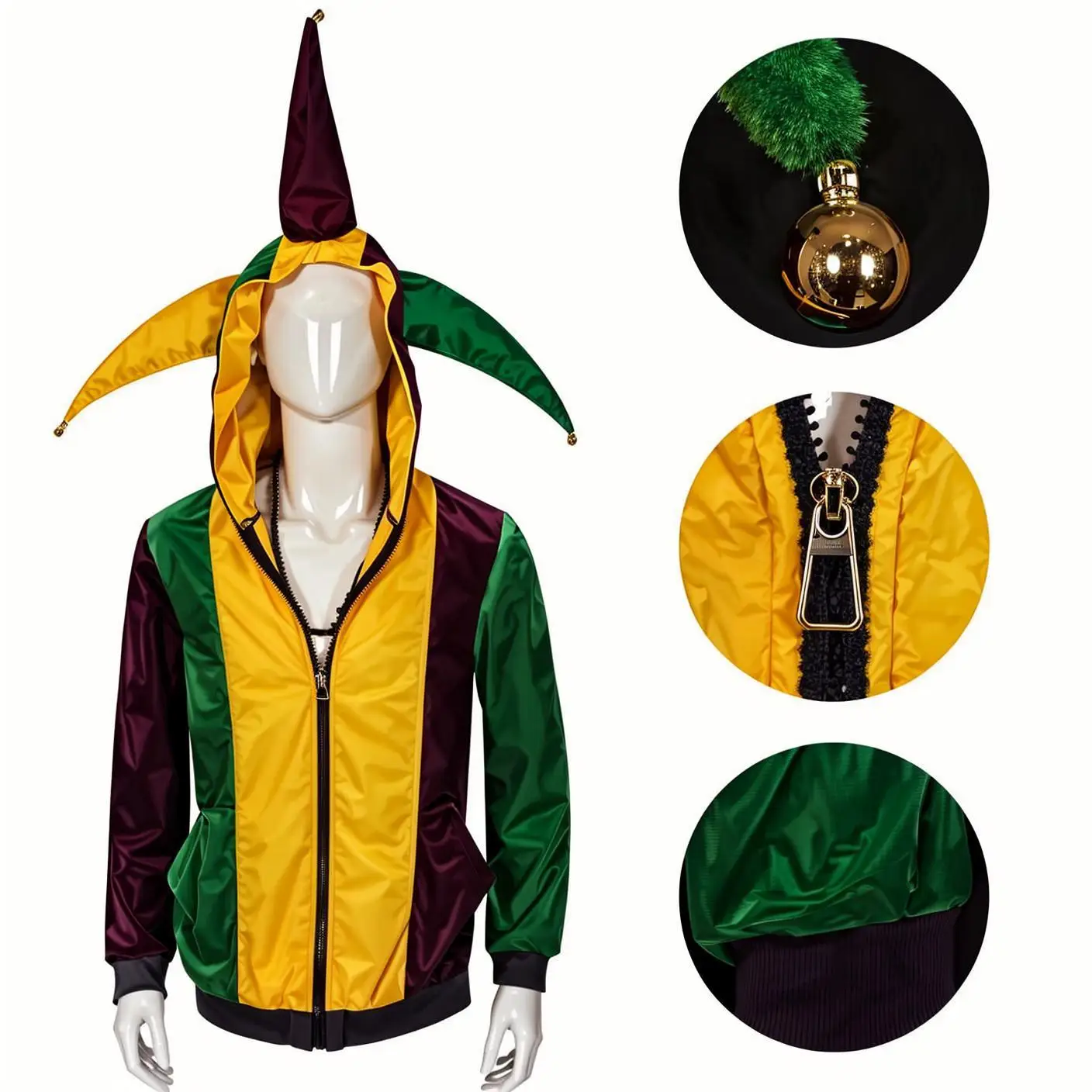 

Mardi Gras Jester Cosplay Hoodie Anime Clown Green And Yellow Joker Top Hat Halloween Saint Patrick Holiday Party Costume
