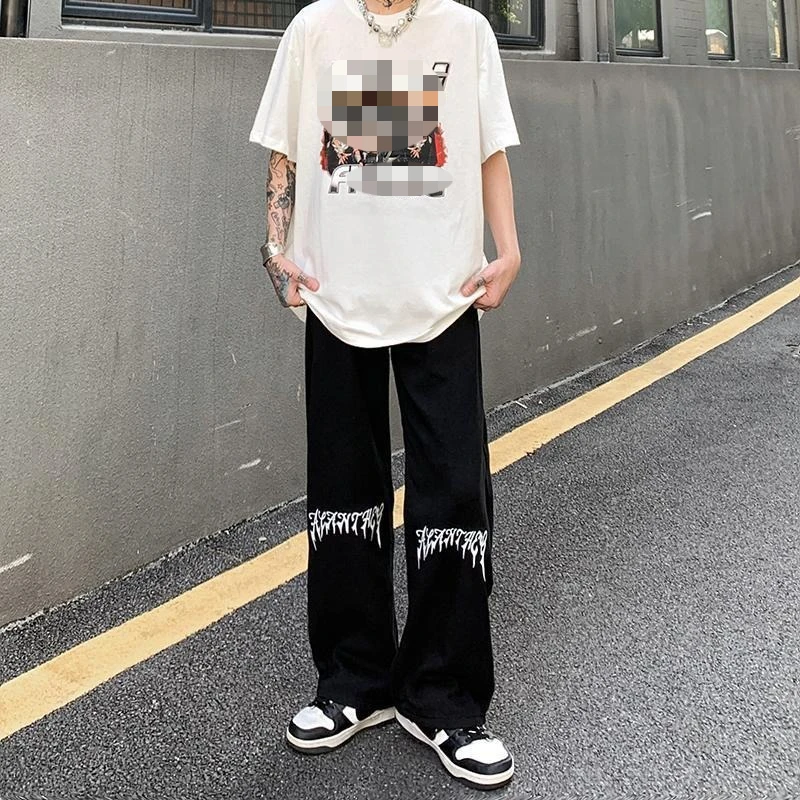 

Trendy Ins High Street Art Graffiti Print Casual Pants, Retro Street Straight-leg Loose Wide-leg Pants, Versatile for Men