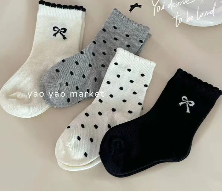 2025 Spring and Autumn New Sweet Girl Black and White Grey Middle Socks Polka Dot Bow Girl Socks Cotton