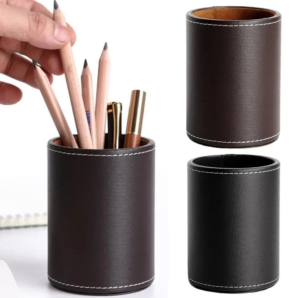 Useful Faux Leather Pen Container Wear Resistant All-Purpose Makeup Brush Pen Ruler Pencil Storage Jar Multipurpose