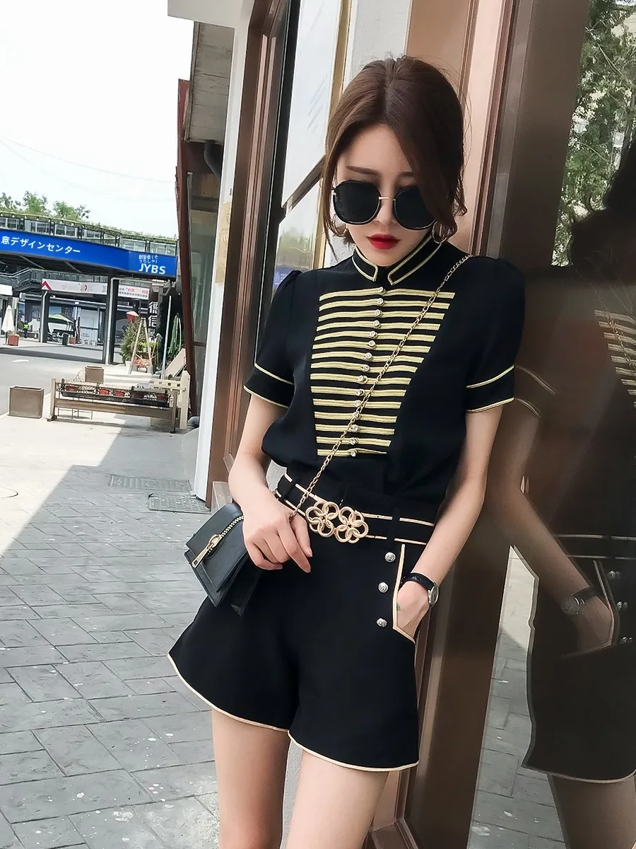 

Black Stand Collar Short Sleeve Embroidered Chiffon Slimming Top Women's Fashion Spring Summer Retro Hong Kong Style Design