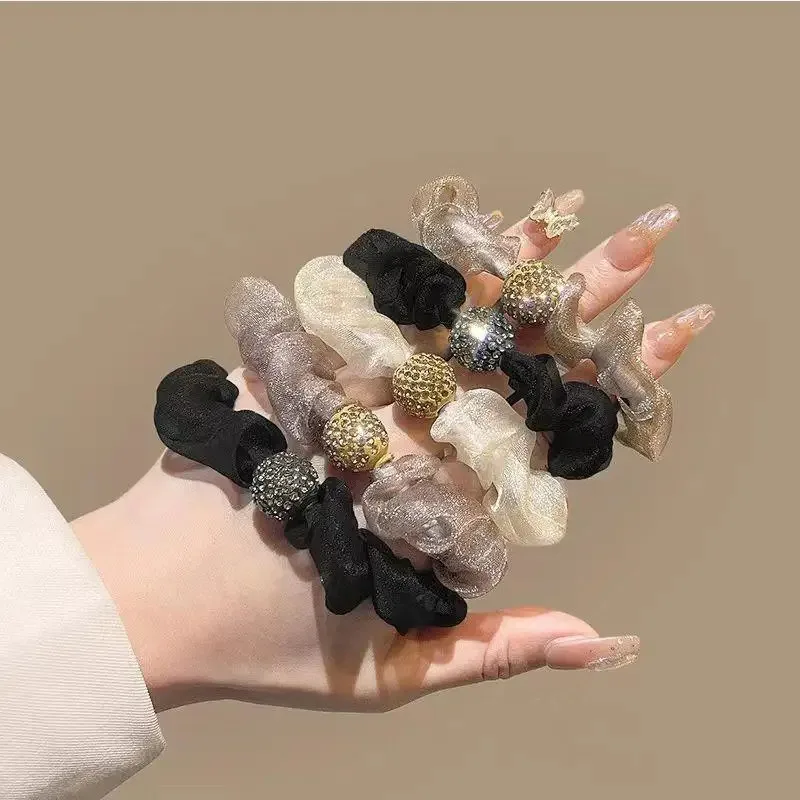 ربطات شعر موضة جديدة مجموعة حبل شعر ذيل حصان للنساء البالغات شبكة براقة أحجار الراين سكرانشينز إكسسوارات شعر متينة للنساء