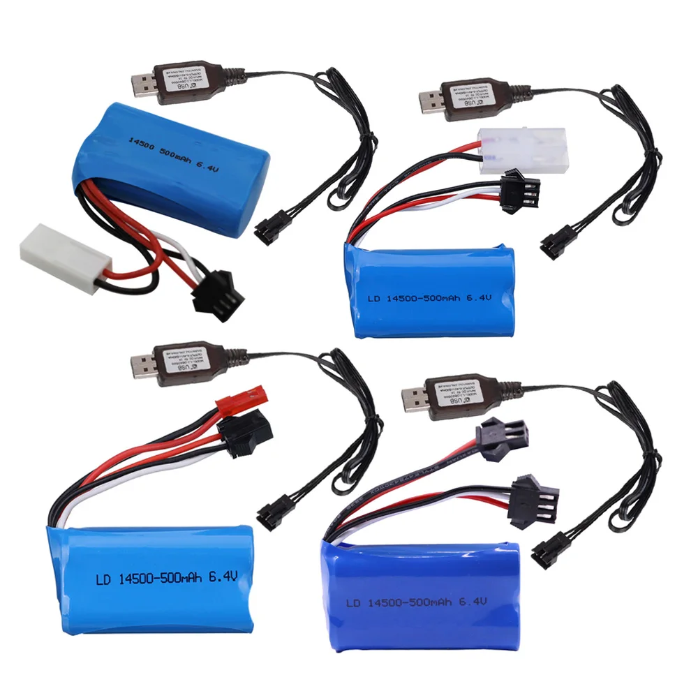 6.4V 500mAh 14500 리튬 이온 배터리 + 충전기, WLTOYS 18401/02 4 드라이브 고속 클라이밍 오프로드 레이싱 XQWR14 HBX 2098B RC 자동차용