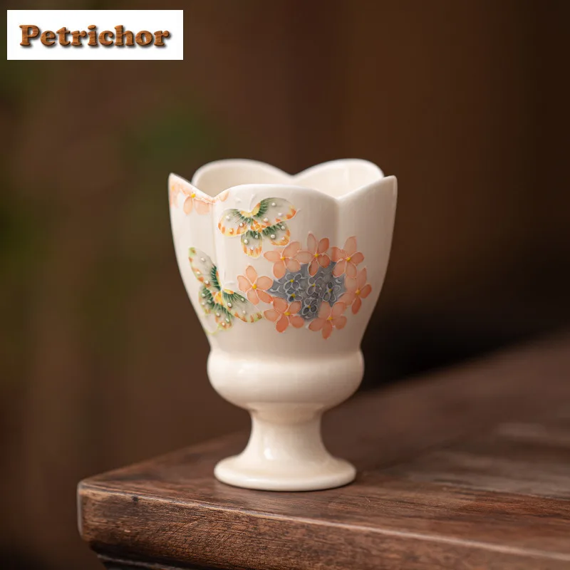 

150ml Hand Drawn Flower Butterfly High Footed Flower Mouth Teacup Ancient Tea Bowl Cup For Tea Smelling Cup Jianzhan Master Cups
