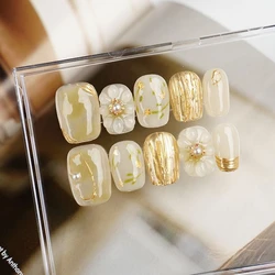 Round Head Handmade Short Press on Nails Willows Green Gilding Manicure Artistic Fake False Nails Emerald Full Cover Finger Tips