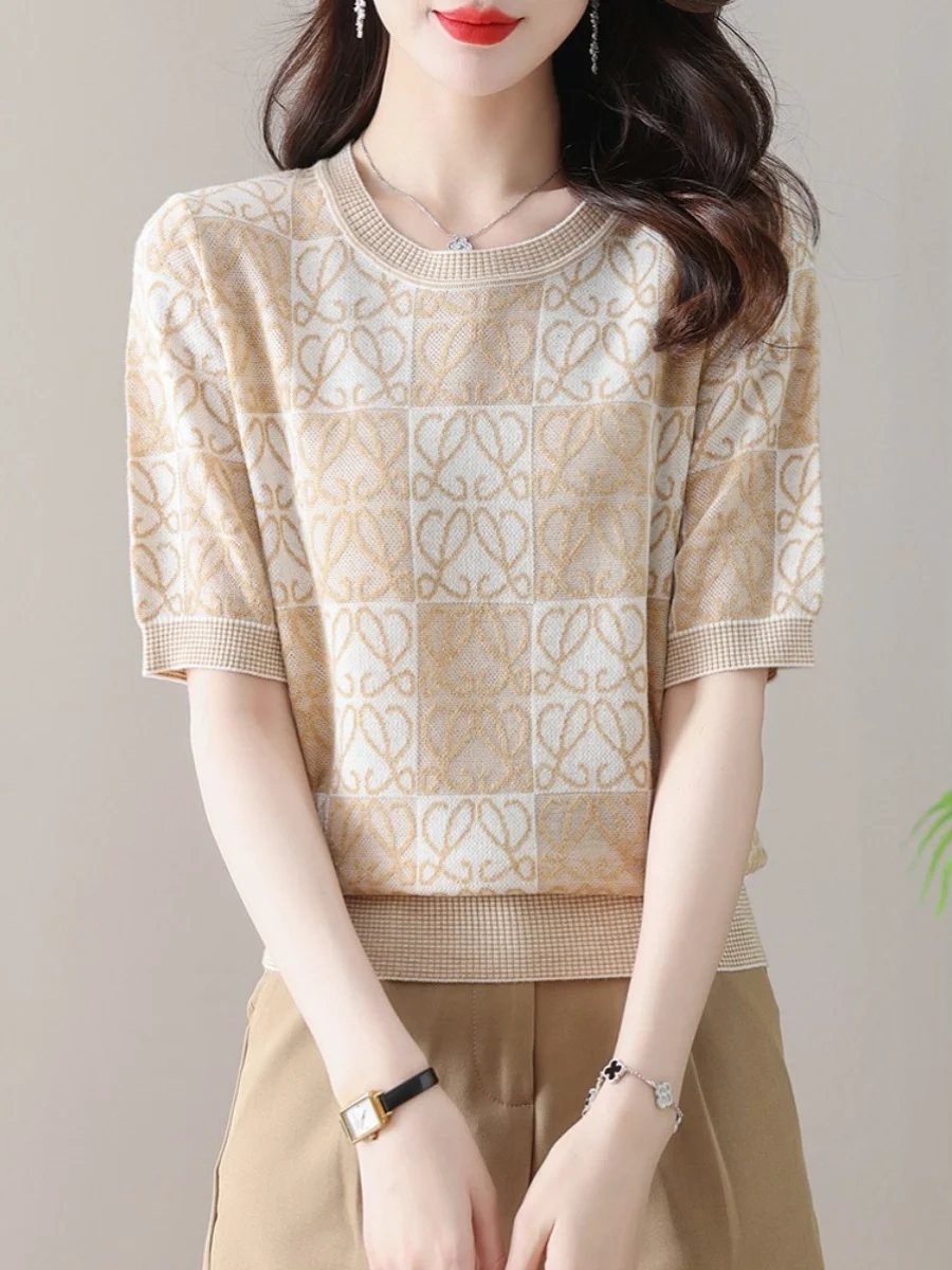 

Faionable ort Sve Шелковая трикотажная футболка Женская летняя одежда Age-Defng Top Sli Trendy Commute Sle круглый Ne