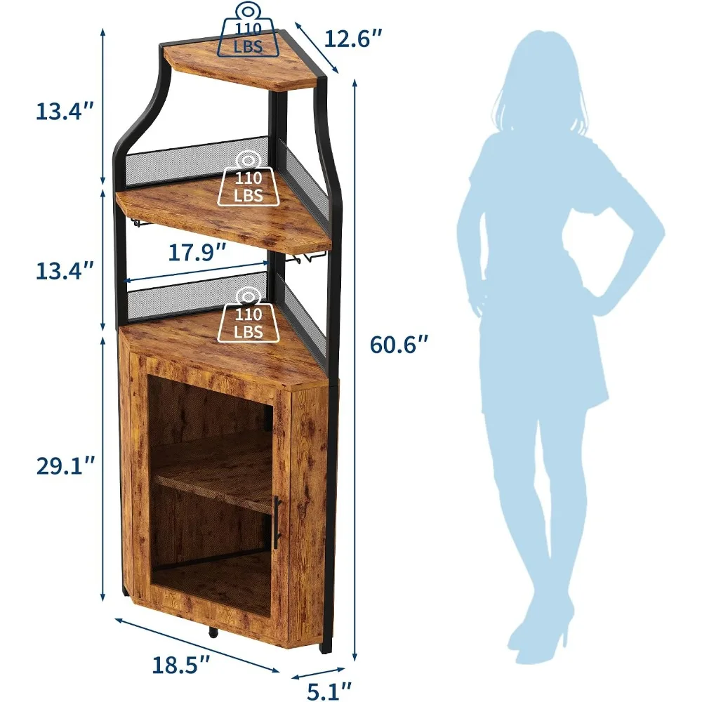 5-Tier Corner Wine Cabinet with Detachable Rack, Barn Door, Glass Holder, Rustic Brown