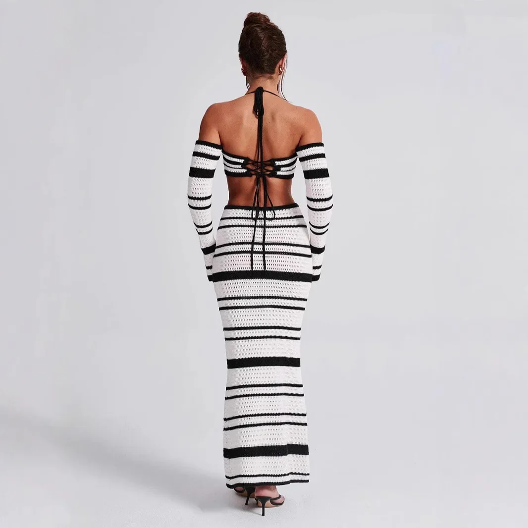 Spice Girl Women's Suit Summer Stripe Long Sleeve Neck Top Skirt Two-piece Suit Women's 2025 New Cross-border
