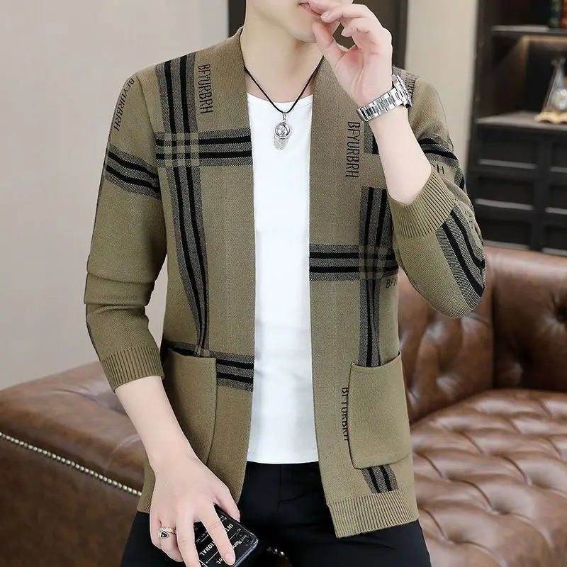 2023 Autumn and Winter Men's Fashion Contrast Color Cardigan Knitted Loose Pocket Plaid Solid Thick Sweater Youth Versatile Top