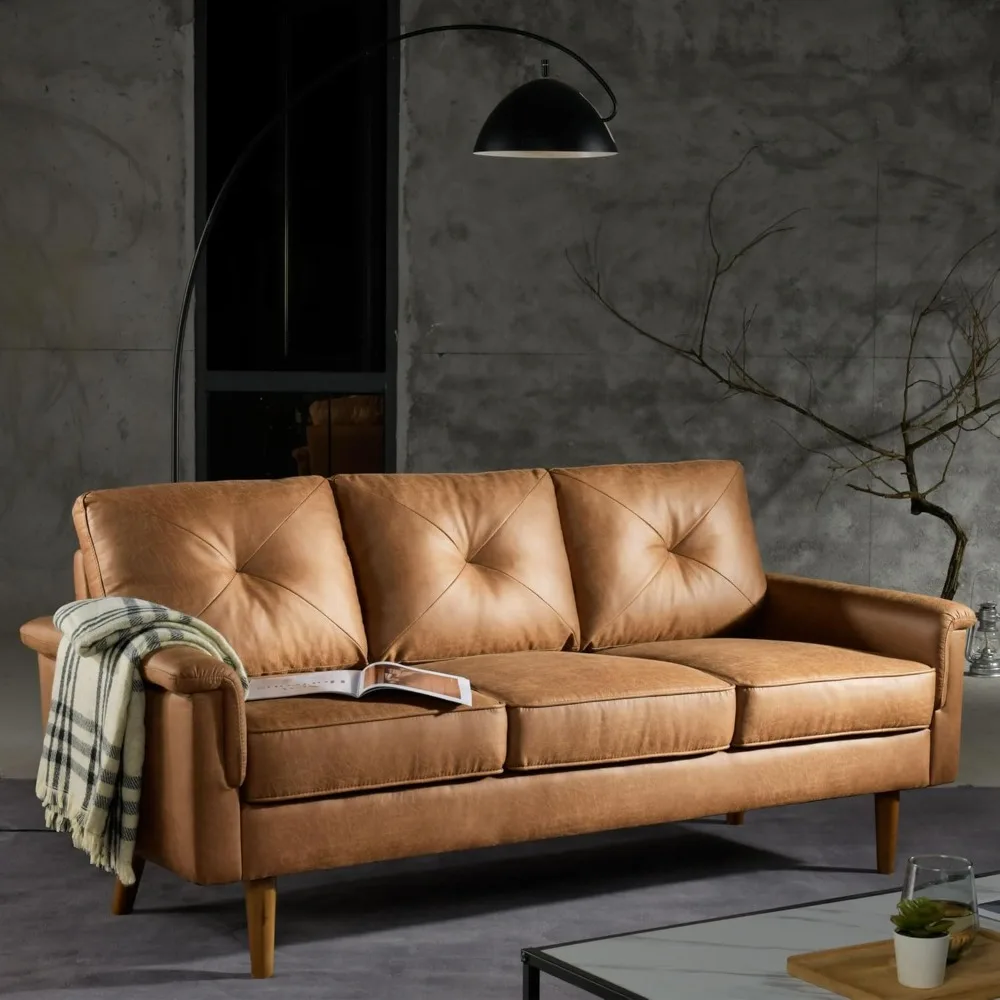 Mid-Century Modern Sofa Couch,Faux Leather 3 Seater Sofa w/Key Armrest and Comfortable Cushions,Comfy Deep Seats Sofa