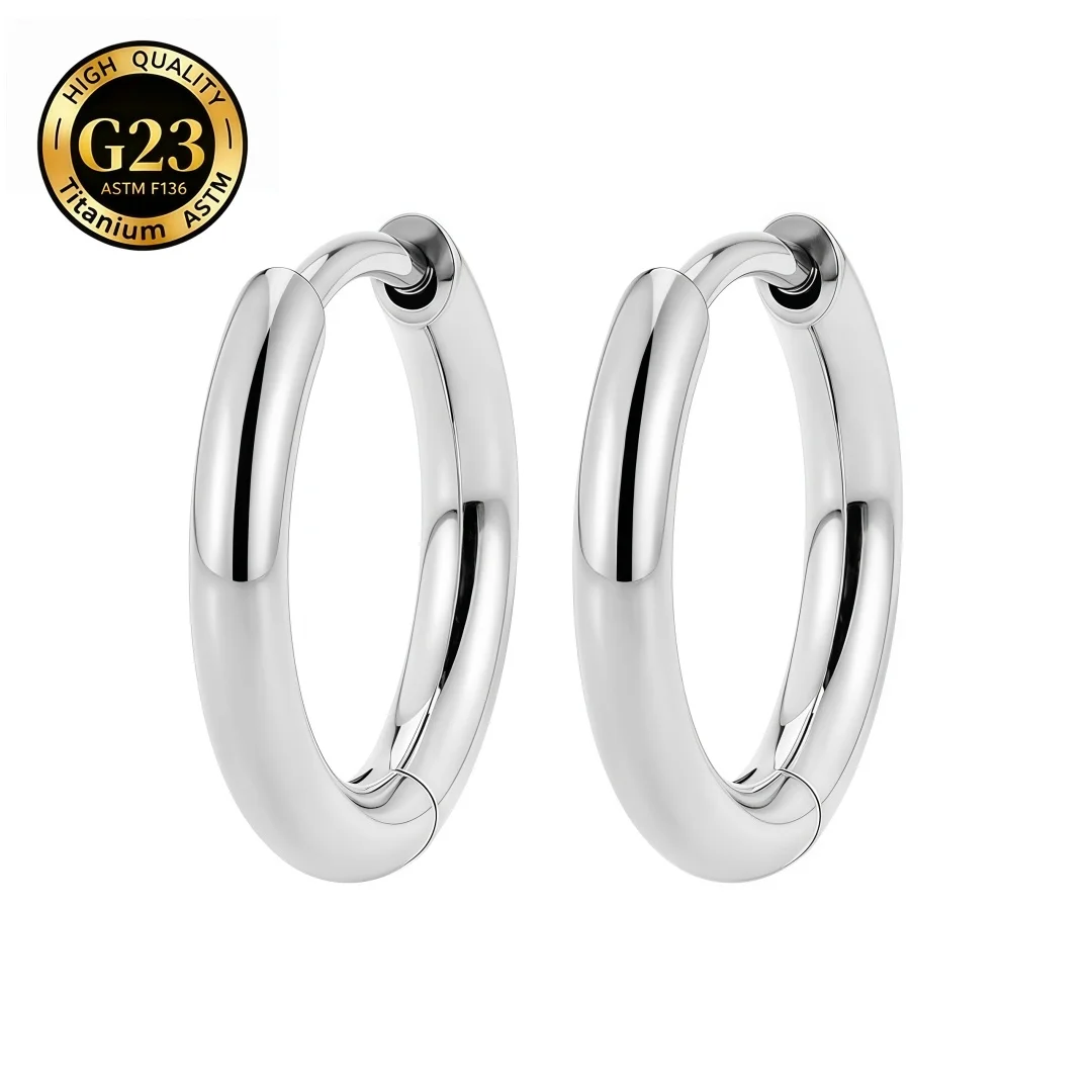 1 Pair Right Grand ASTM F136 Titanium Classic Hinged Huggie Hoops Minimalist 18G Platinum Plated Lightweight Earlobe Earrings