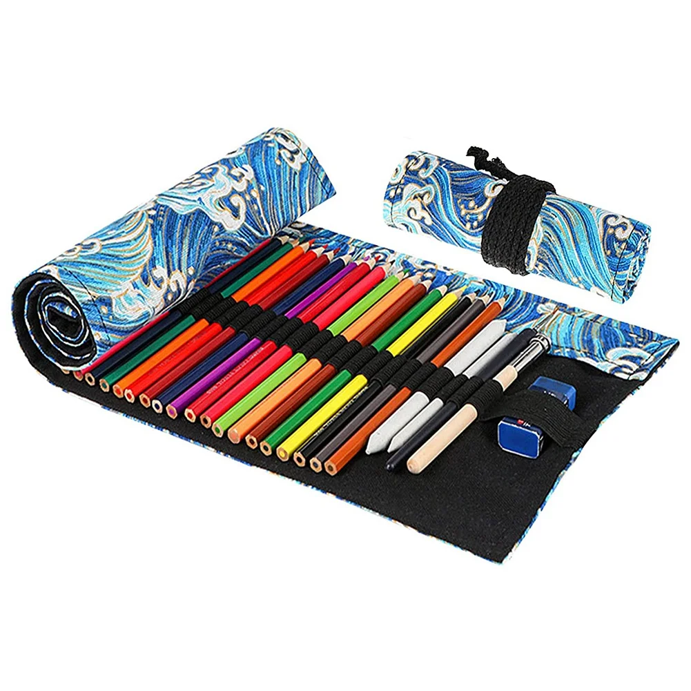 캔버스 연필 롤 랩 컬러링 웨이브 롤업 연필 파우치 정리함, 수제 연필 롤 케이스 (48 홀)