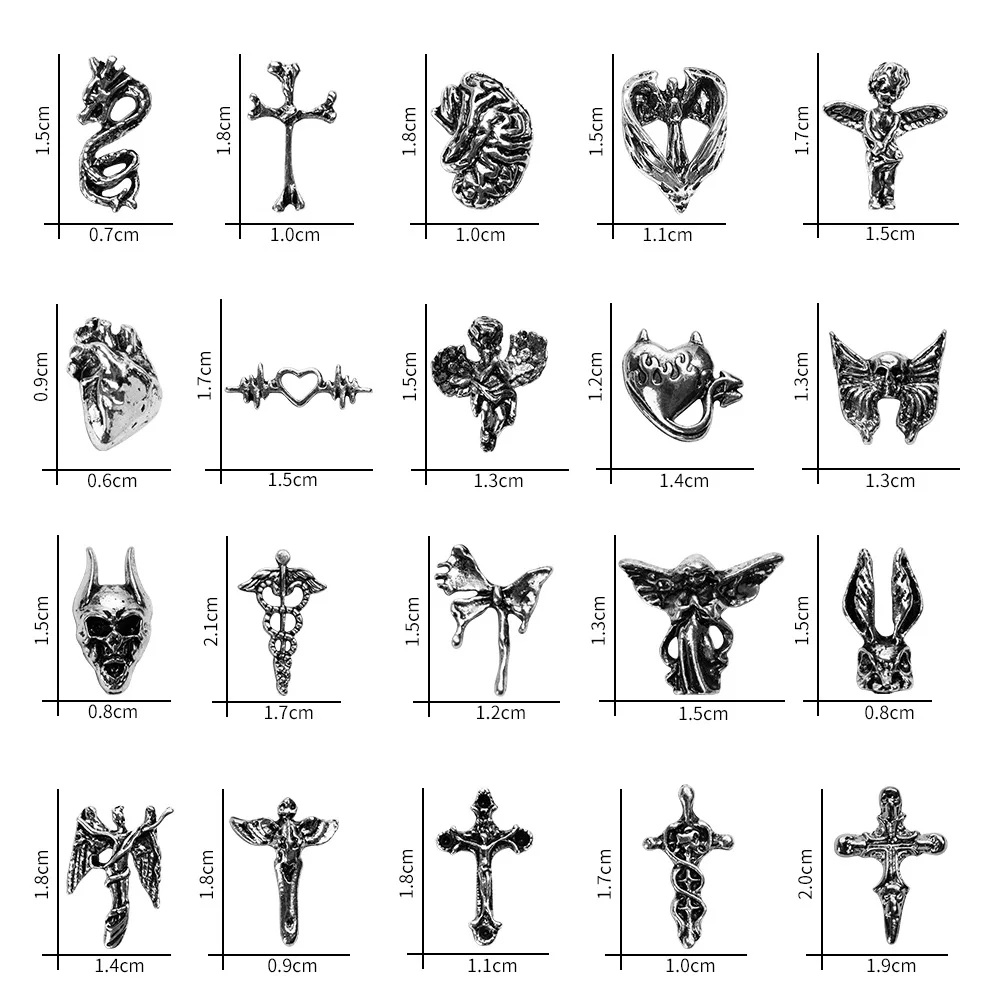 20Pcs Mixed Retro Silver Alloy Nail Art Baroque Evil Angel Heart Dragon Jesus Cross Butterfly Nail Ornament DIY Nail Accessories