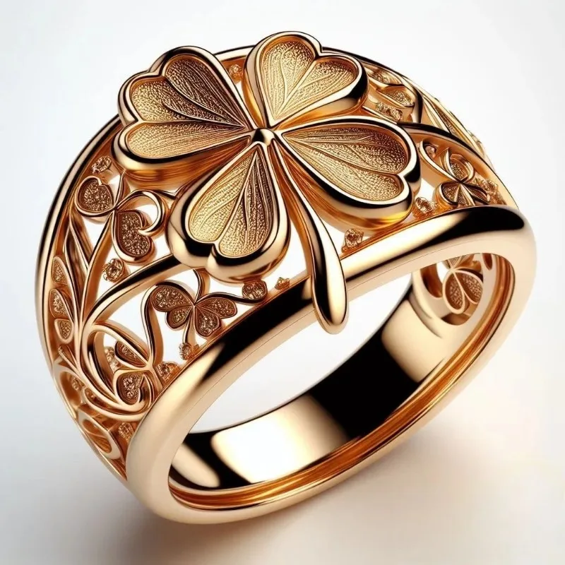 Vintage handgeschnitzter Blumen-Damenring, schillernde goldfarbene Metallgeometrie, für den täglichen Gebrauch, Party-Schmuck, Jubiläumsgeschenk