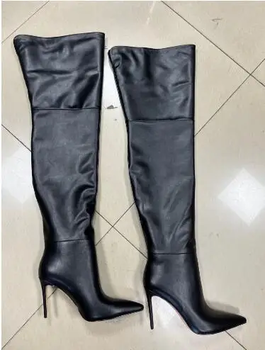 Sexy Black Matte Leather Pointed Toe Slip On Stiletto Heels Over The Knee Boots Women Big Calf Slim Thigh Long Boots Size 43