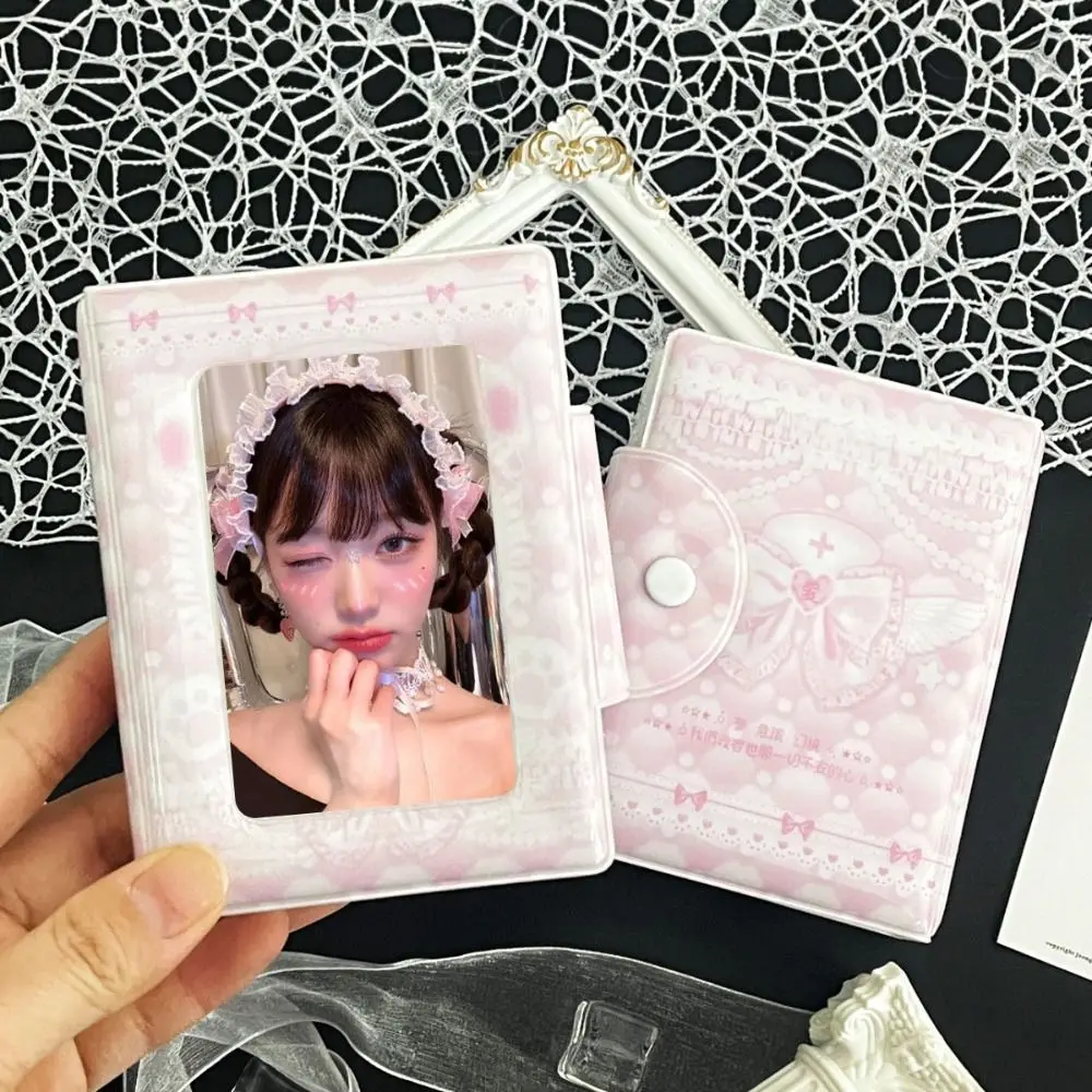 INS Pink Love Bow Card Album PVC 3 Inch Mini Photocard Binder with 16 Internal Pages Collectible Card Album Postcard Book