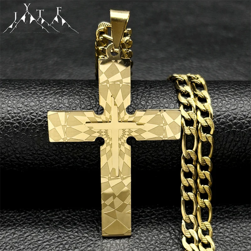 

Punk Big Jesus Cross Necklace for Men Women Stainless Steel Gold Silver Color Figaro Chain Biker Jewelry Boy Friend Gift Jewelry