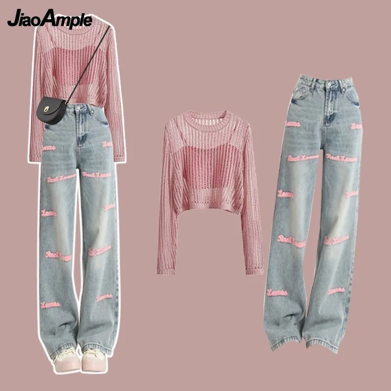 Women\'s 2023 Summer New Jeans Matching Set Korean Elegant Strap Blouse Letter Denim Pants Three Piece Female Chic Trousers Suit