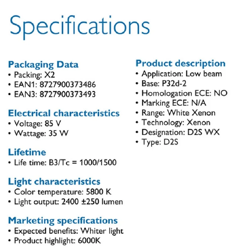 Philips  Genuine D2S Ultinon HID Xenon Bulbs 85122WXX2 35W 85V Quick Start Auto Head Lamps 6000K Super Cool Blue White Light,2X